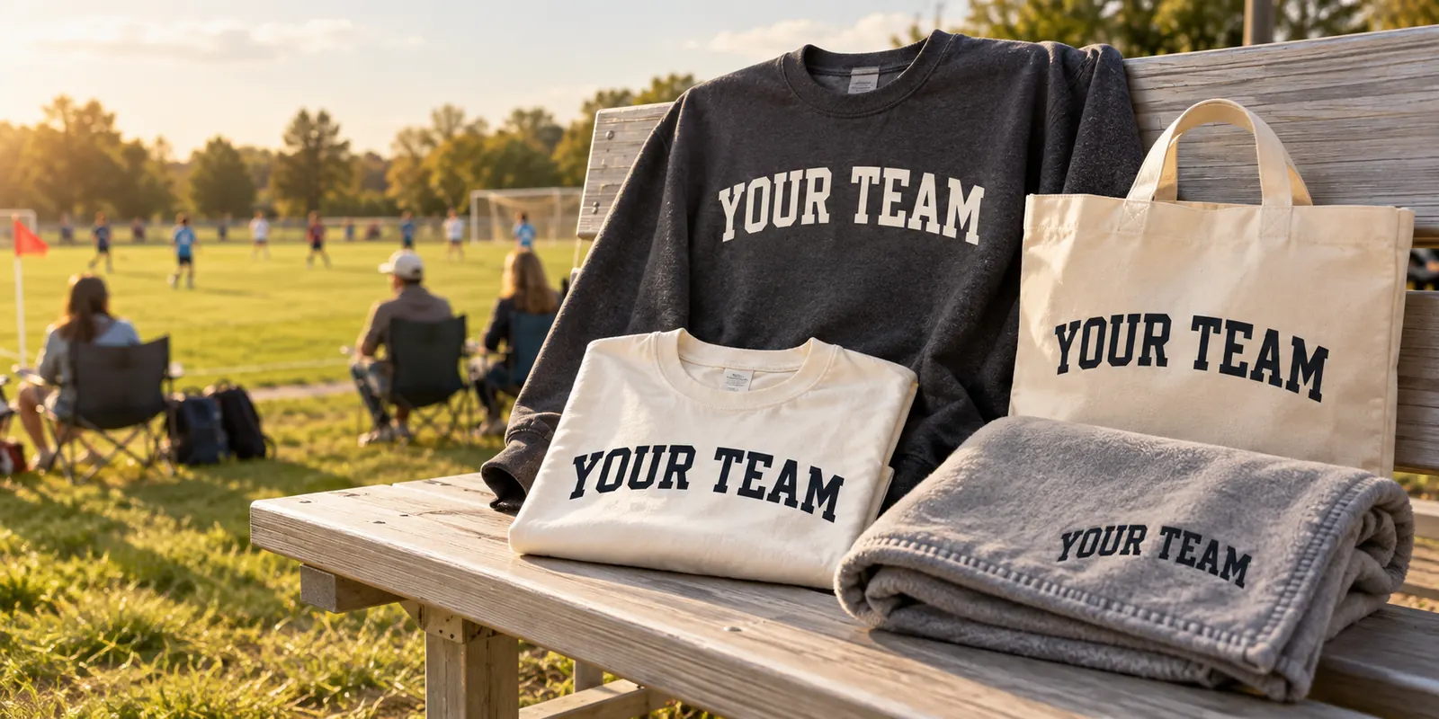 Team shirts and caps on a bench at the field